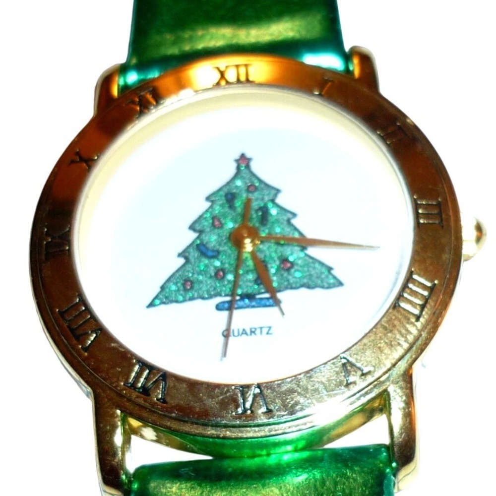 Vintage 90s Christmas Tree Watch NOS New Battery Metallic Green Band Roman Bezel